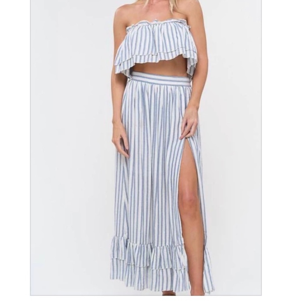 Two piece striped blue and white set. Ruffle top long skirt with ruffle bottom